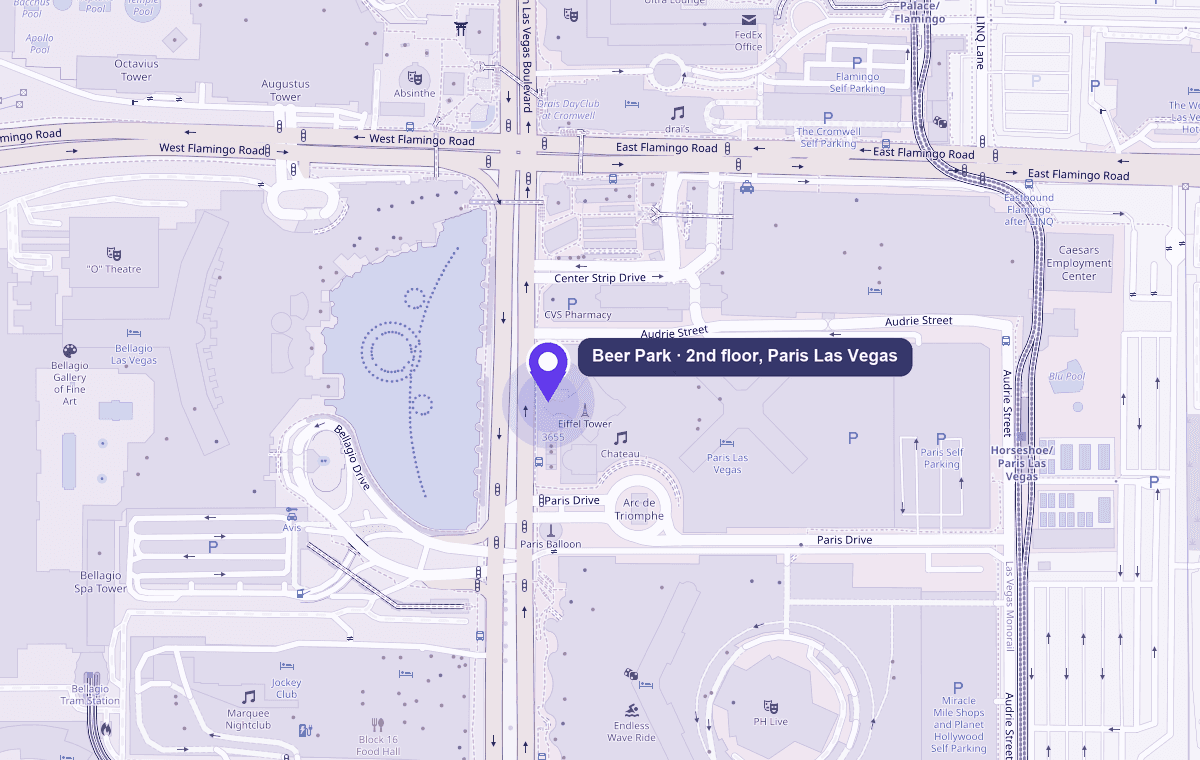 Map of the Las Vegas Strip at Paris Las Vegas, with Beer Park pinned on the Strip side of Paris, across from the Bellagio fountains.
