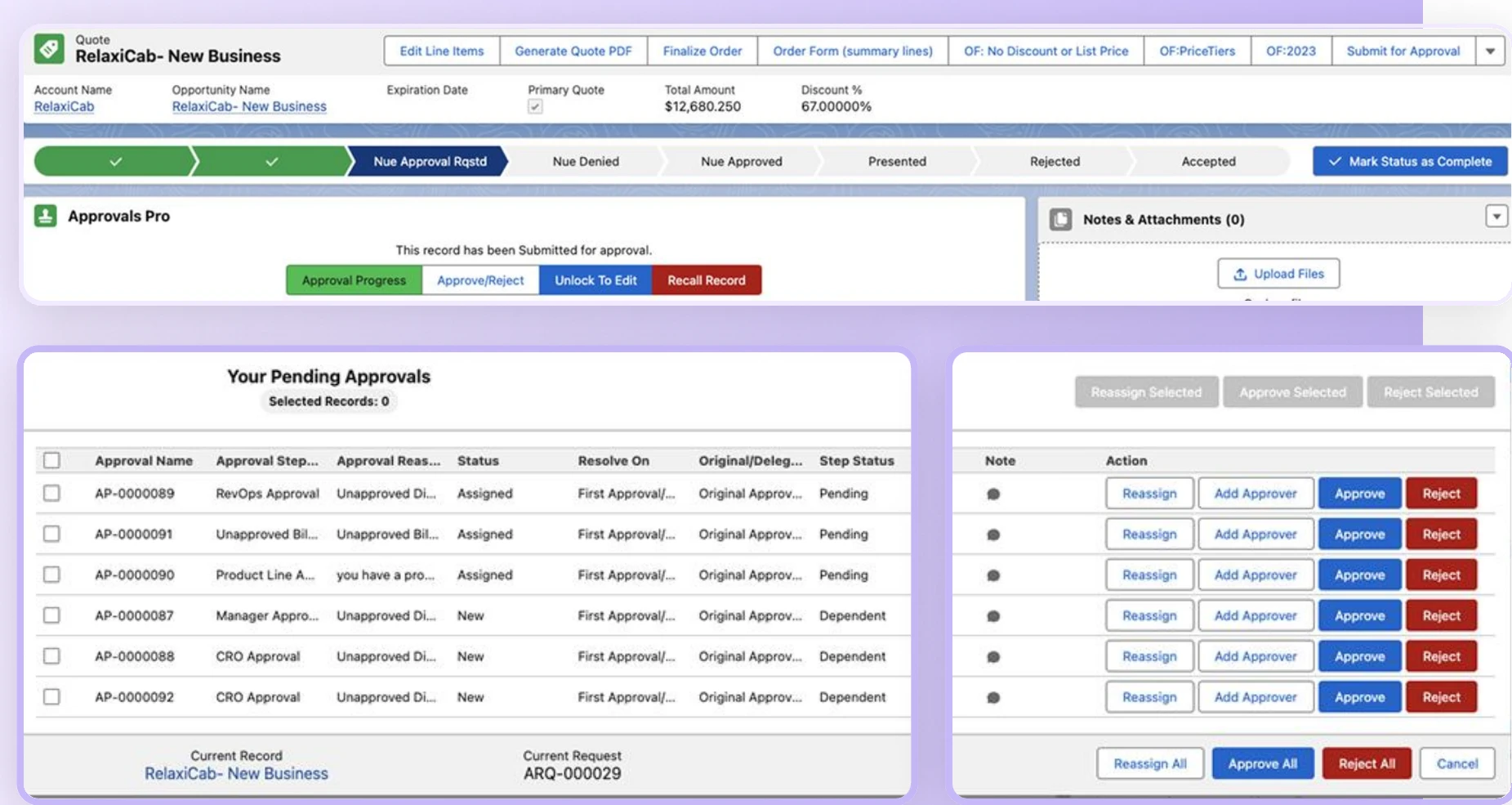Approvals Pro on a Salesforce quote: approval progress, approve, unlock and recall actions, and a pending approvals queue with reassign, add approver, approve and reject for each step