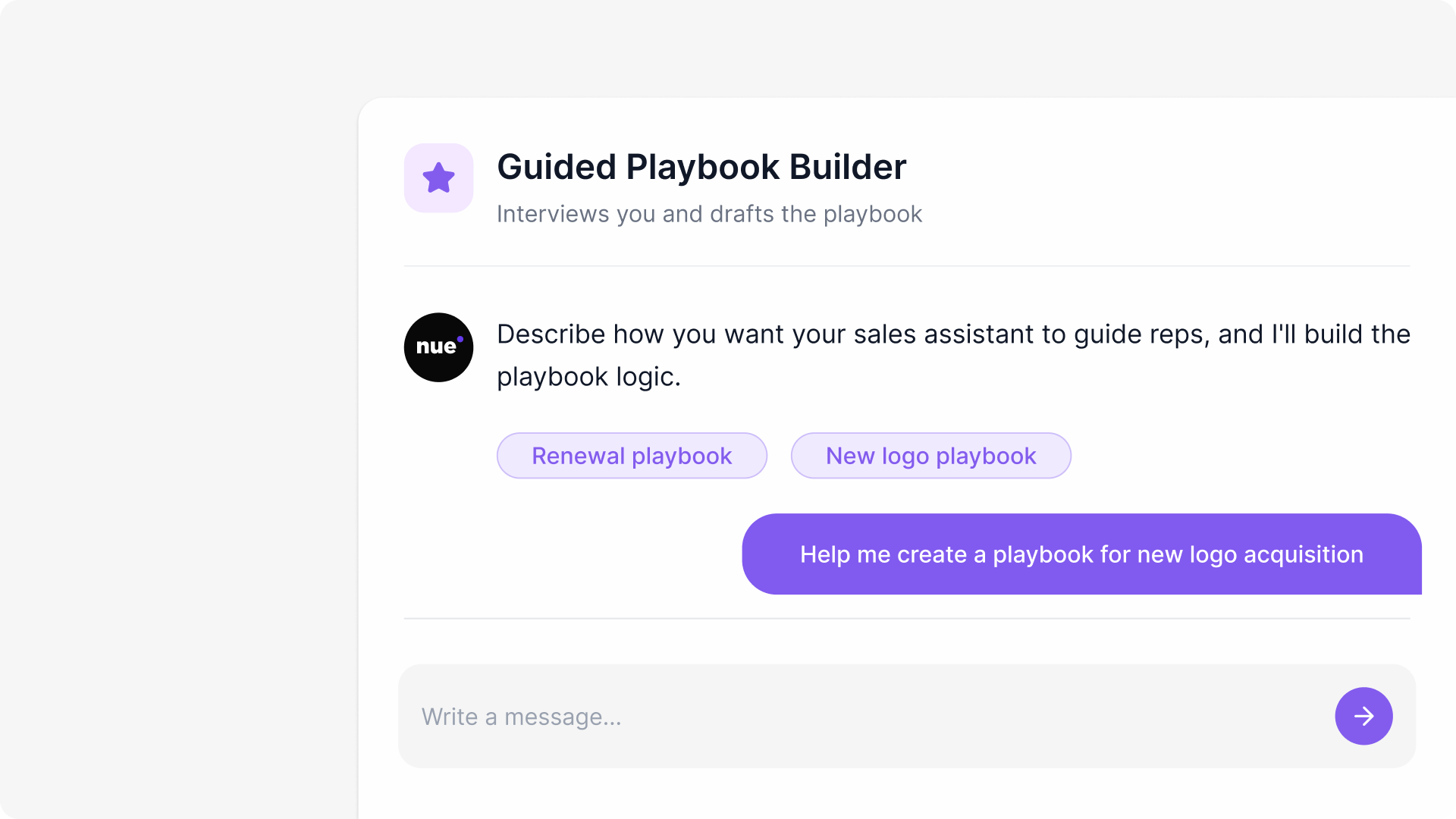 Guided Playbook Builder: the Nue assistant interviews RevOps and drafts a playbook for new logo acquisition