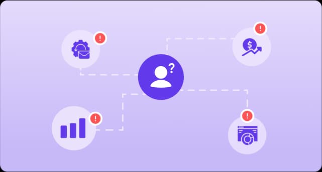 A rep surrounded by disconnected billing, pricing, reporting and analytics tools, each flagged with an error